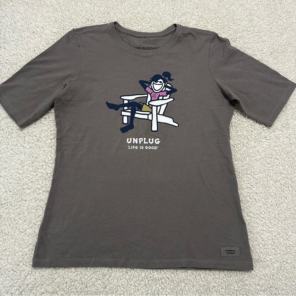 Life Is Good Crusher Unplug Logo Graphic T-shirt Size Small